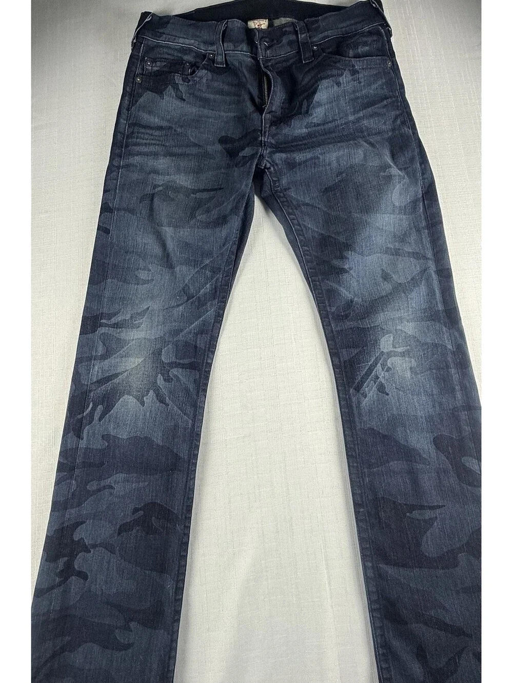 True Religion Bobby Camo Jeans Mens 36 Made USA Blue Straight Stretch Denim Y2K